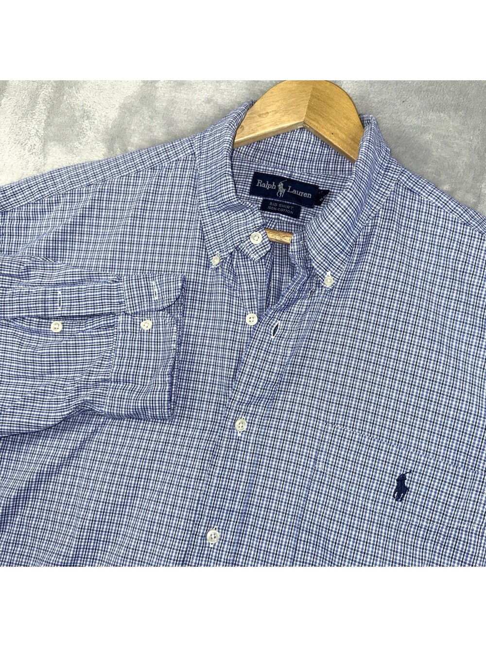 Polo Ralph Lauren Big Shirt Blue Check Button Down 100% Cotton Pony Logo Preppy